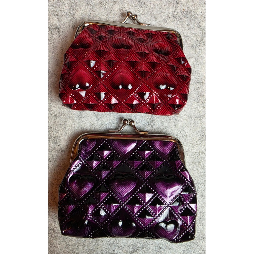 Set of 2 Quilted Heart Coin Purses Red and Purple Kiss Lock Small Pouch Bags